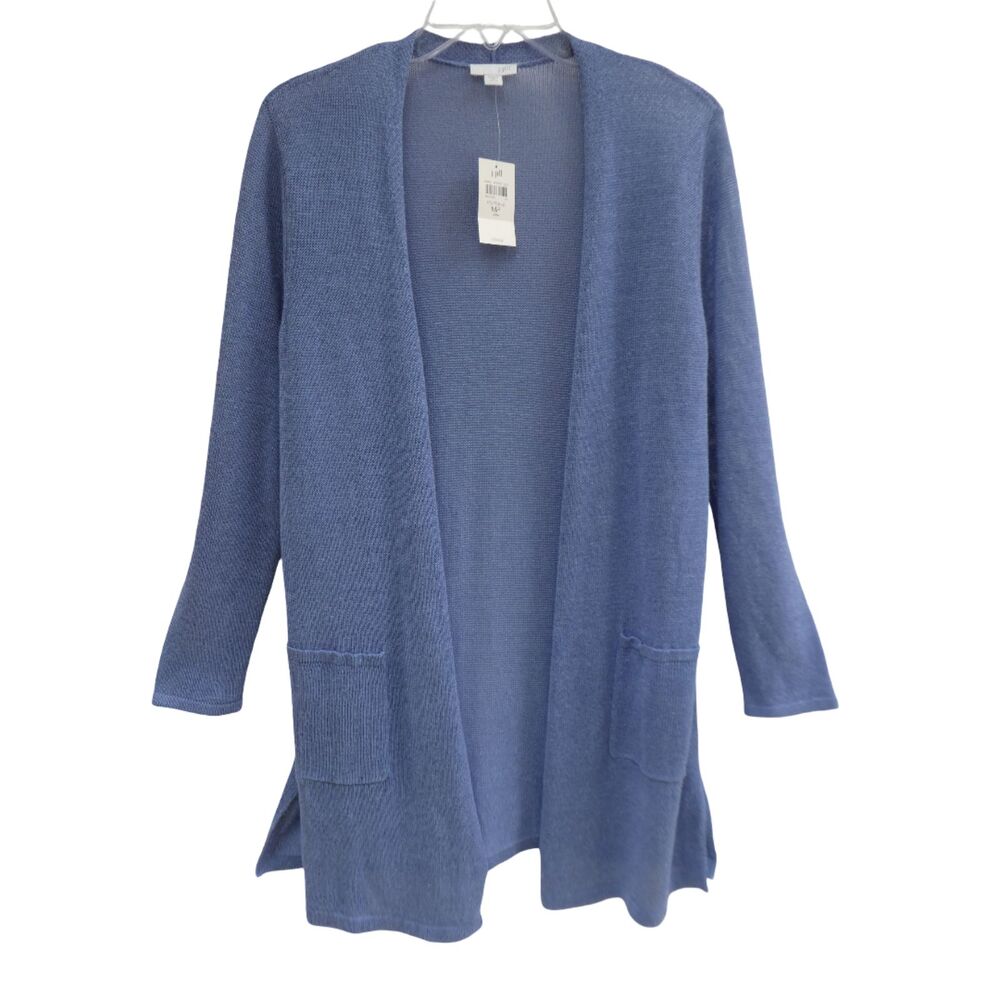 NEW LiNeN Blend J Jill Periwinkle Long Knit Cardigan Open Front Patch Pockets M